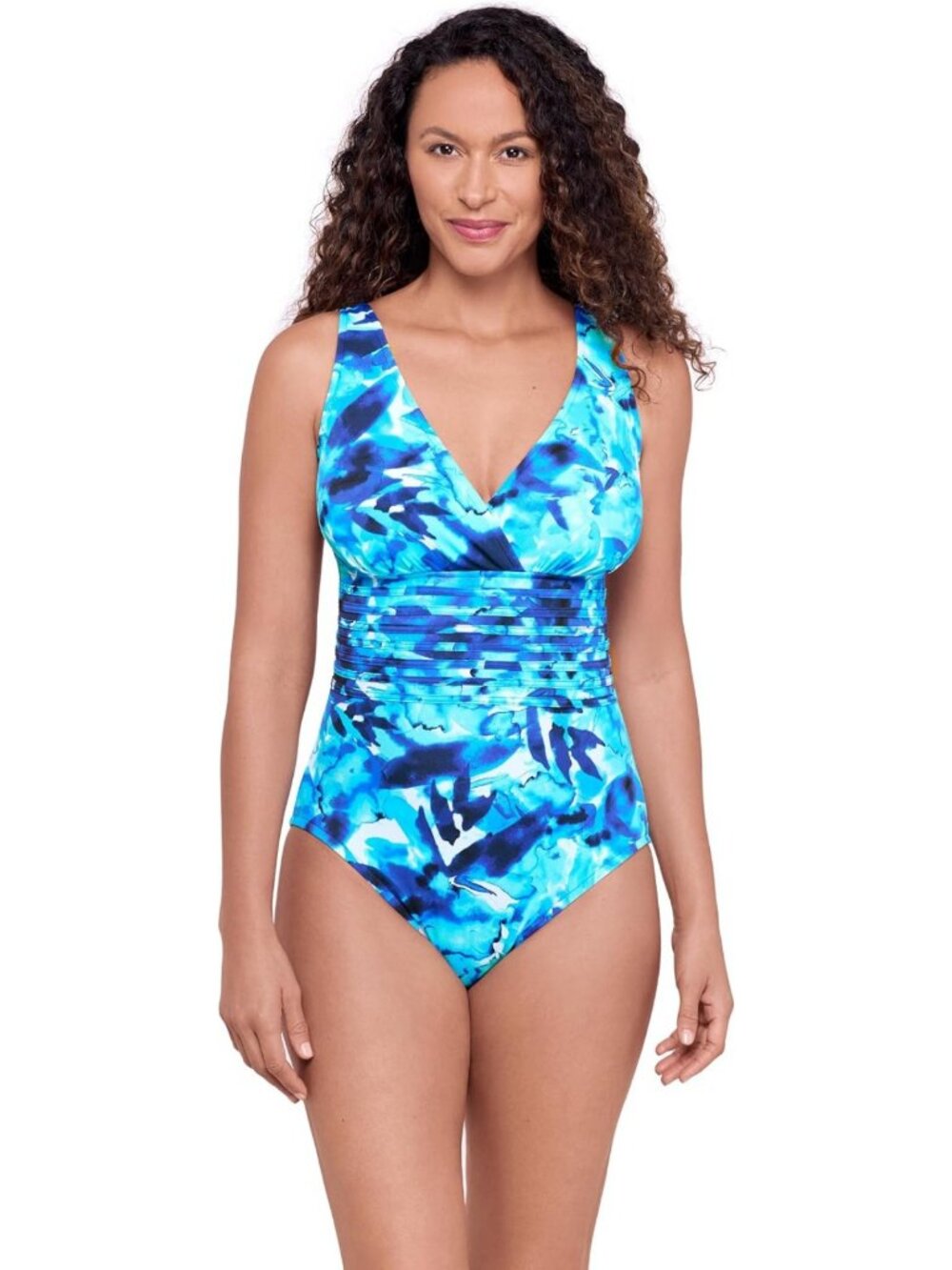 Aqua Green Full Coverage V-Neck One Piece Swimsuit with Tummy Control Overlay